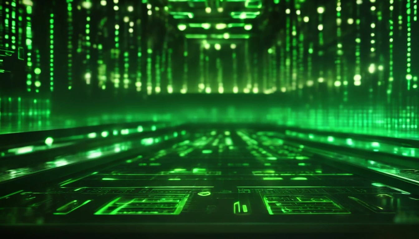 A close-up shot of a tech background with a matrix-like pattern of green glowing characters, creating a visually captivating and cyberpunk-inspired scene.