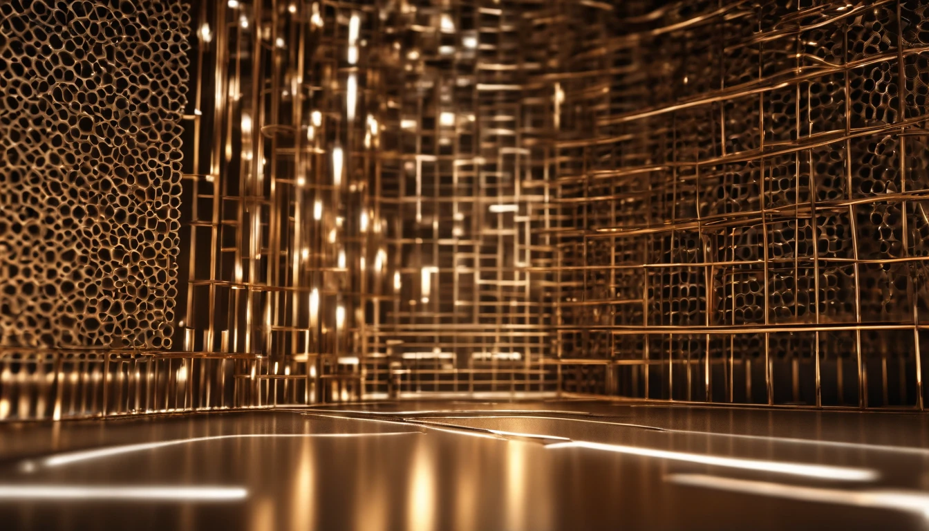 A high-resolution image of a tech-inspired background with a wireframe mesh pattern in metallic shades of silver and bronze, creating a visually intricate and technologically advanced display.