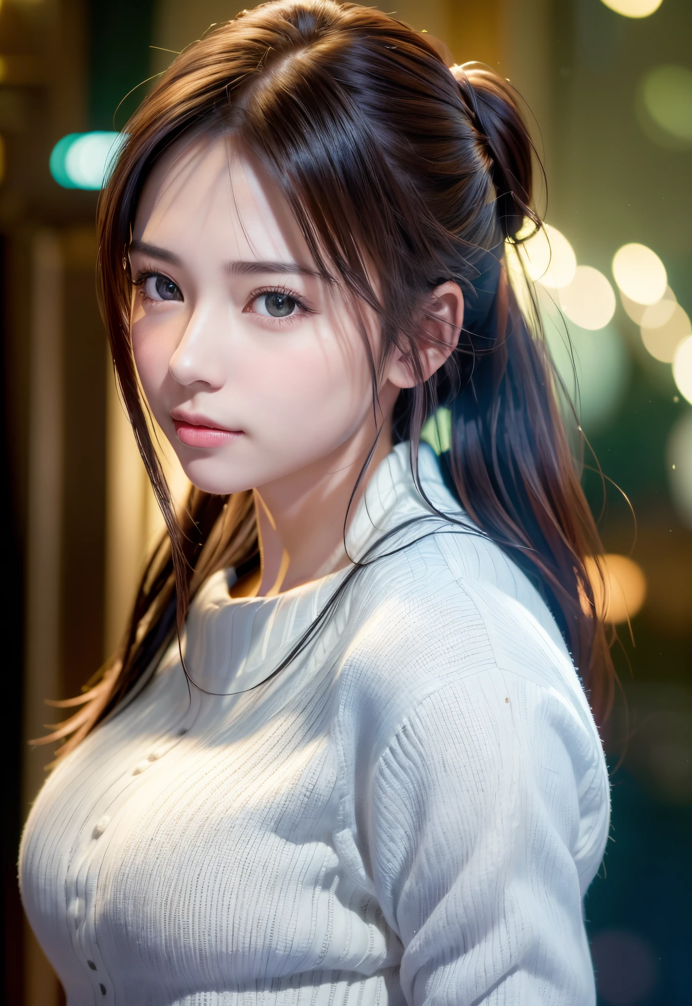 8K, of the highest quality, masutepiece:1.2), (Realistic, Photorealsitic:1.37), of the highest quality, masutepiece, Beautiful young woman, Pensive expression,、A charming、and an inviting look, Cute Maid Clothes, Hair tied back, Cinematic background, Light skin tone