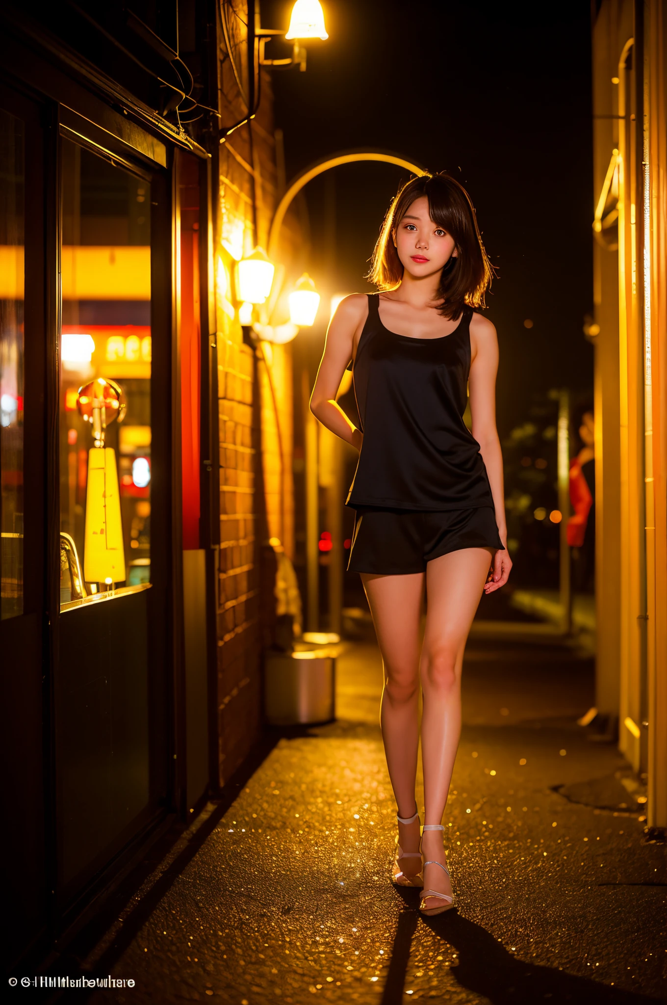 (8K、Original photography、真实感:1.25)、(15 year old woman，Have a beautiful and perfect face)、(gloss on the lips、long eyelasher、beautifull expression、shiny  skin、top-quality、超高分辨率、depth of fields)、quarrel、vests、Express the joy of dance、taking a full body photo、color difference、Caustics、city night scene