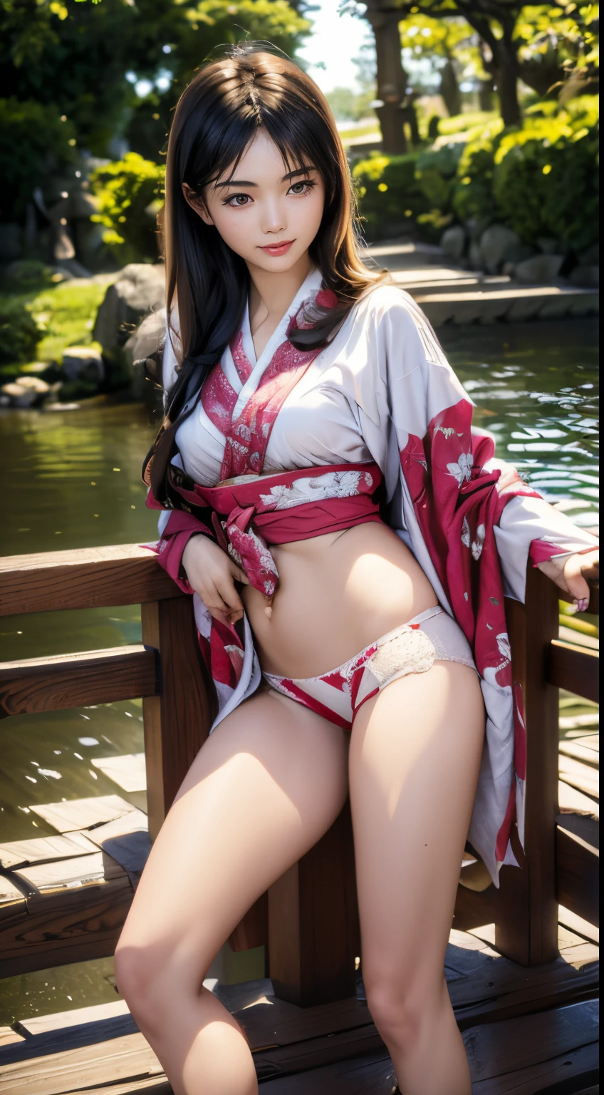 Japanese kimono, open legs, straddling on the corner edge of small wooden bridge railing in the Japanese garden, (masturbate), (orgasm), panties,