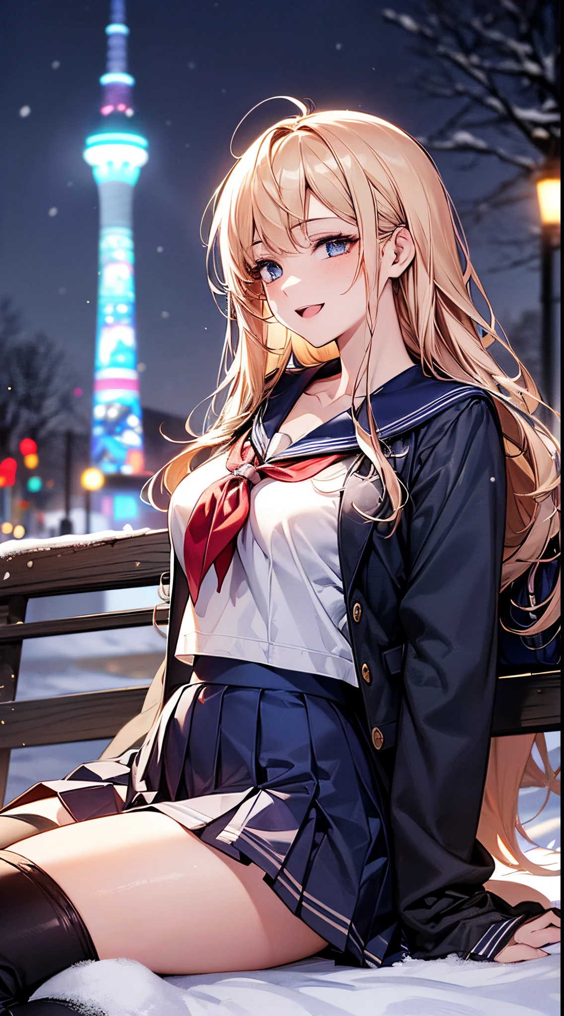 ((((perfect anatomy, super detailed skin)))), 1 girl, japanese, high school girl, shiny skin, large breasts:0.5, looking away, looking up, watching the view, from below,
beautiful hair, beautiful face, beautiful detailed eyes, (long hair:1.7, side ponytaail:1.5), blond hair, blue eyes,
beautiful clavicle, beautiful body, beautiful chest, beautiful thigh, beautiful legs, face, mole under eye,
((((long sleeves)), all navy sailor suit, navy pleated skirt, navy sailor collar, red sailor scarf, thigh-highs, short boots), school bag, cross necklace), seductive thighs, ,
((smile:1.5, open your mouth wide)), , female masturbation, lifting skirt myself,
(beautiful scenery),winter, midnight, hokkaido, sapporo, odori park, park bench, sitting, christmas, (christmas tree), illumination, tv tower, snow, snowfall:1.5, freezing weather, frost,
(8k, top-quality, masterpiece:1.2, extremely detailed), (photorealistic), beautiful illustration, cinematic lighting,