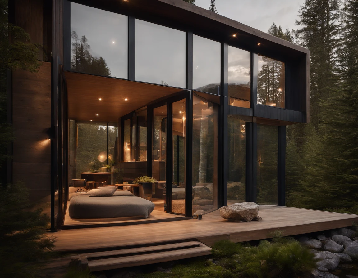 Exterior image of a tiny house duplex house in a Scandinavian nature, standing wood panel, avantgarde, waterfall, panorama glass windows, forests, waterfall inside atrium, rocks, futuristic, modern, natural pond of water, inspired by architect Zaha Hadid, Frank Lloyd Wright
