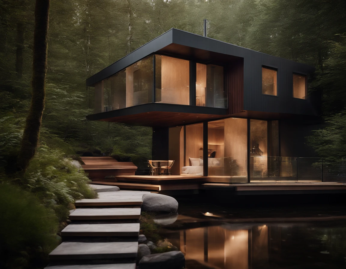 Exterior image of a tiny house duplex house in a Scandinavian nature, standing wood panel, avantgarde, waterfall, panorama glass windows, forests, waterfall inside atrium, rocks, futuristic, modern, natural pond of water, inspired by architect Zaha Hadid, Frank Lloyd Wright