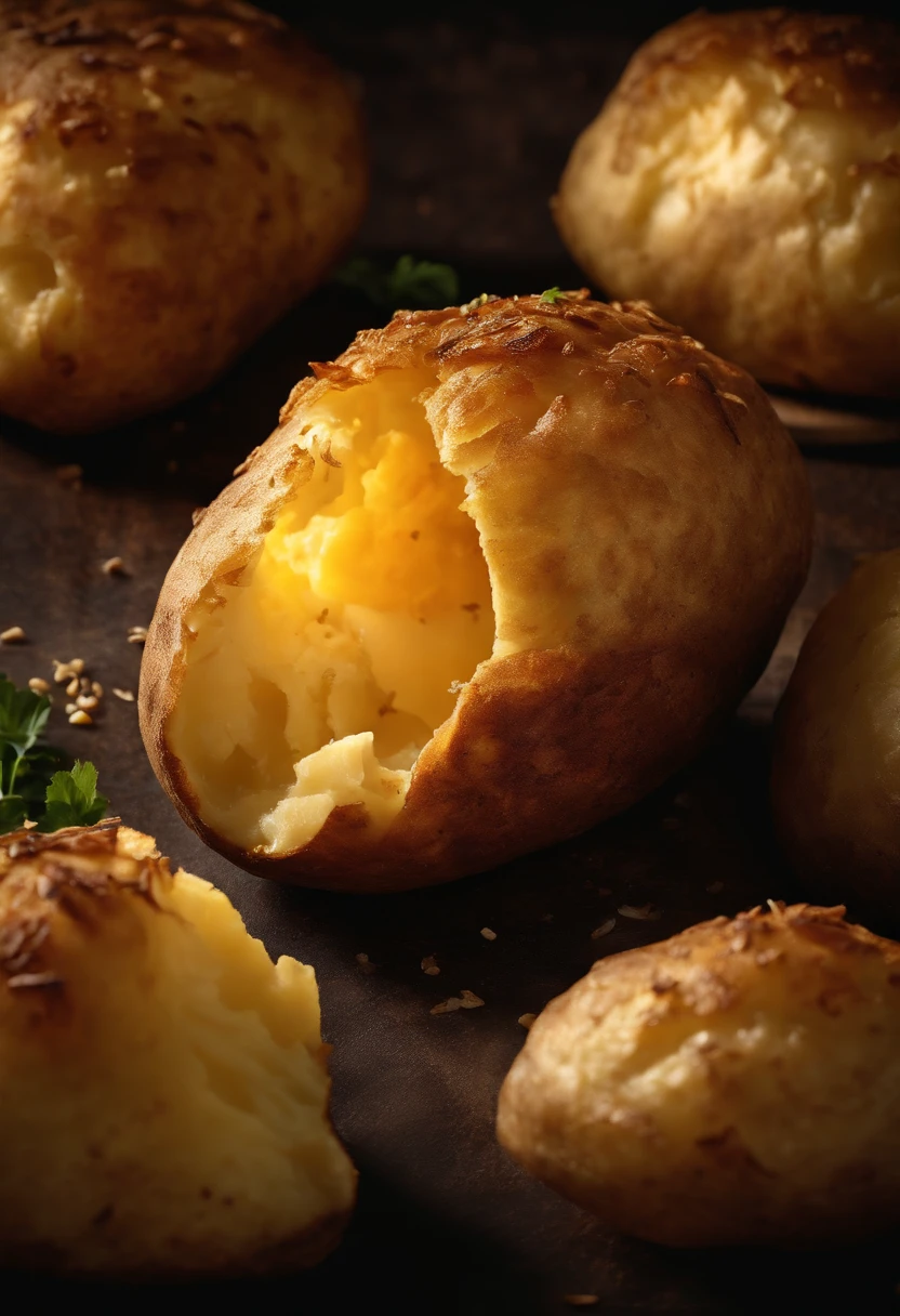 A high-resolution image of a perfectly baked potato, golden brown and crispy on the outside, with the steam rising from its fluffy and tender interior, creating a visually appetizing and comforting image.
