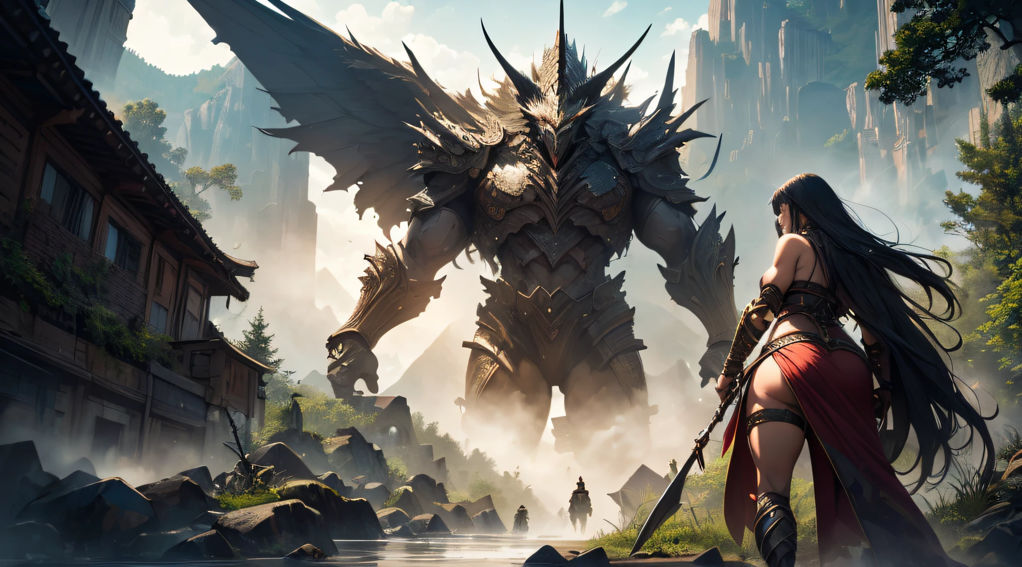 Giant amazon warrior woman walking across a landscape, small houses, trees, mountains, cowboy shot,from below,{Best Quality},{{Masterpiece}},{High Resolution},Original,Extremely Detailed 8K Wallpaper,{Extremely Delicate and Beautiful},ancient dark Style,(((masterpiece))),(((best quality))),((ultra-detailed)),(illustration),(detailed light),((an extremely delicate and beautiful)),dramatic_shadow,ray_tracing,shiny skin,large breasts,muscular female,abs,wide hips,full armor,mountain,snow,thick thighs,gothic,cute face,gold trim,pretty female,spread legs,((masterpiece)), ((best quality)), ((official art)), (extremely detailed CG unity 8k wallpaper), ((highly detailed)), ((illustration)),{{realistic}}