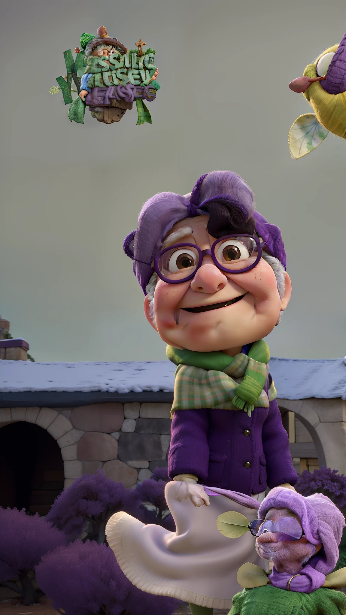 masterpiece, best quality, an old woman with glasses and a scarf on, wearing a purple coat and green scarf, standing at the park