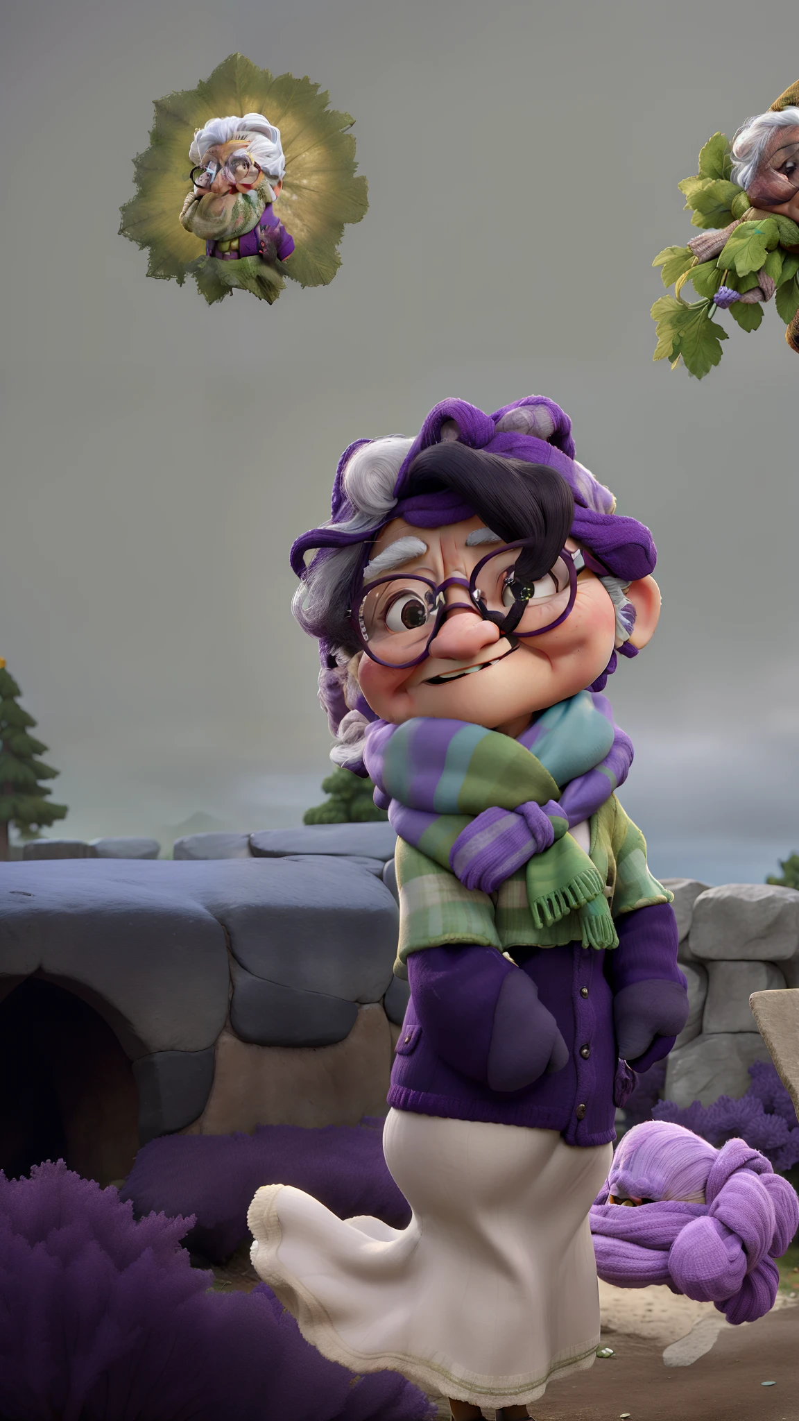 masterpiece, best quality, an old woman with glasses and a scarf on, wearing a purple coat and green scarf, standing at the park