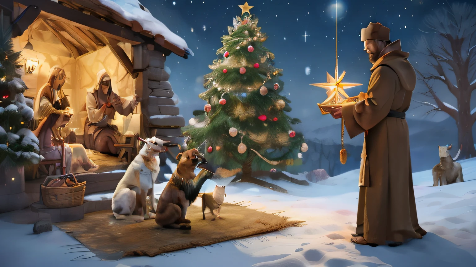 arafed image of a nativity scene with a dog and a manger, Noche de Navidad, por Aleksander Gierymski, por Jakob Gauermann, Escena realista, por Krzysztof Boguszewski, por Stefan Gierowski, El perro como dios, 4k post, Puesto 4K, Arte ilustrativo