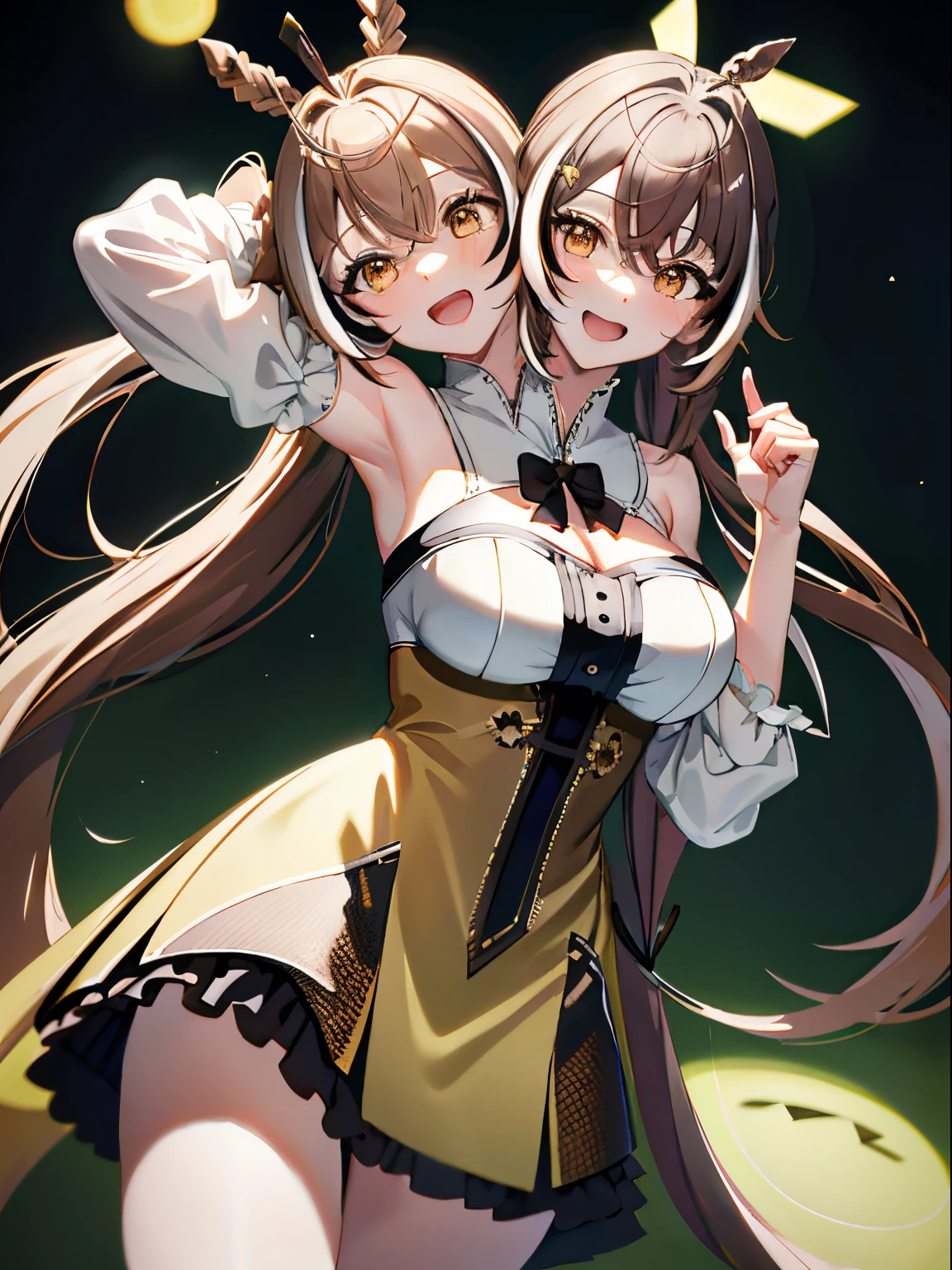 (masterpiece, best quality), best resolution, (2heads:1.5), 1girl,  nanashi mumei character, extremely long brown hair, extremely long ponytails braided together, hair between heads, hair reaching floor, brown eyes, different facial expressions, nanashi mumei, long hair, yellow eyes, open mouth, smile, happy, singing, dancing,detached sleeves, concert stage