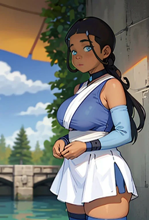 masterpiece, best quality, 1girl, katara, chubby, overweight, (chubby face), dark skin, long open hair, jewelry, looking at viewer, tiny blue thin bikini top, big breast, short white upskirt, long legs, thigh high socks, sunshine, blue eyes