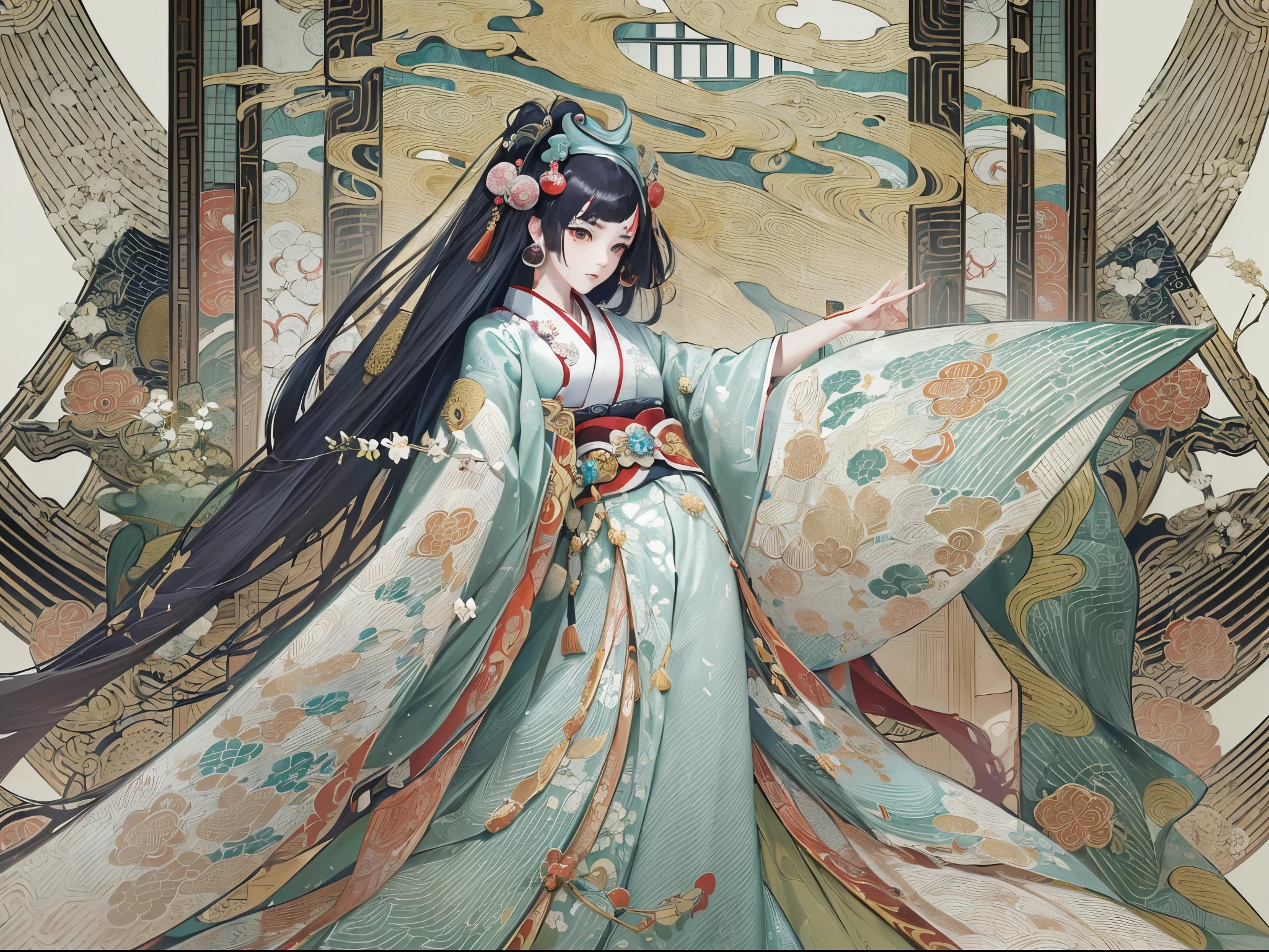 ((Finest quality)),(超A high resolution),(ultra-detailliert),(Meticulous portrayal),((Best Anime)),(Finest works of art),Ultra-Precision Art,The art of astounding depiction,Overwhelming descriptive power:1.5, (Heian culture:1.5),dazzling, (Princess wearing Juni-Hitoe:1.6),Bangs