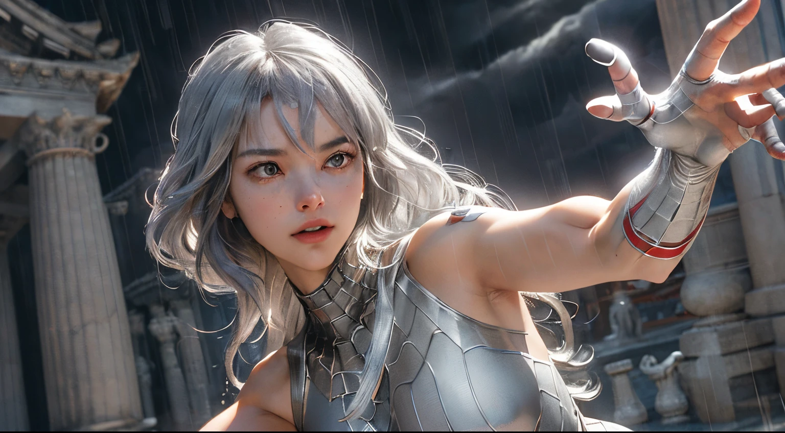 (Extreme Detail CG Unity 8K wallpaper, masterpiece, highest quality), (Exquisite lighting and shadow, highly dramatic picture, Cinematic lens effect), a beautiful girl in a white Spider-Man costume, silver gray hair color, long hair, from the Spider-Man parallel universe, Wenger, Marvel, Spider-Man, in the ancient temple, in the rain, very beautiful face, silver claws, dynamic pose), (excellent detail, excellent lighting, wide angle), (excellent rendego on ancient temple, enough to stand out in its class), focus on white Spider-Man costumes, complex spider textures