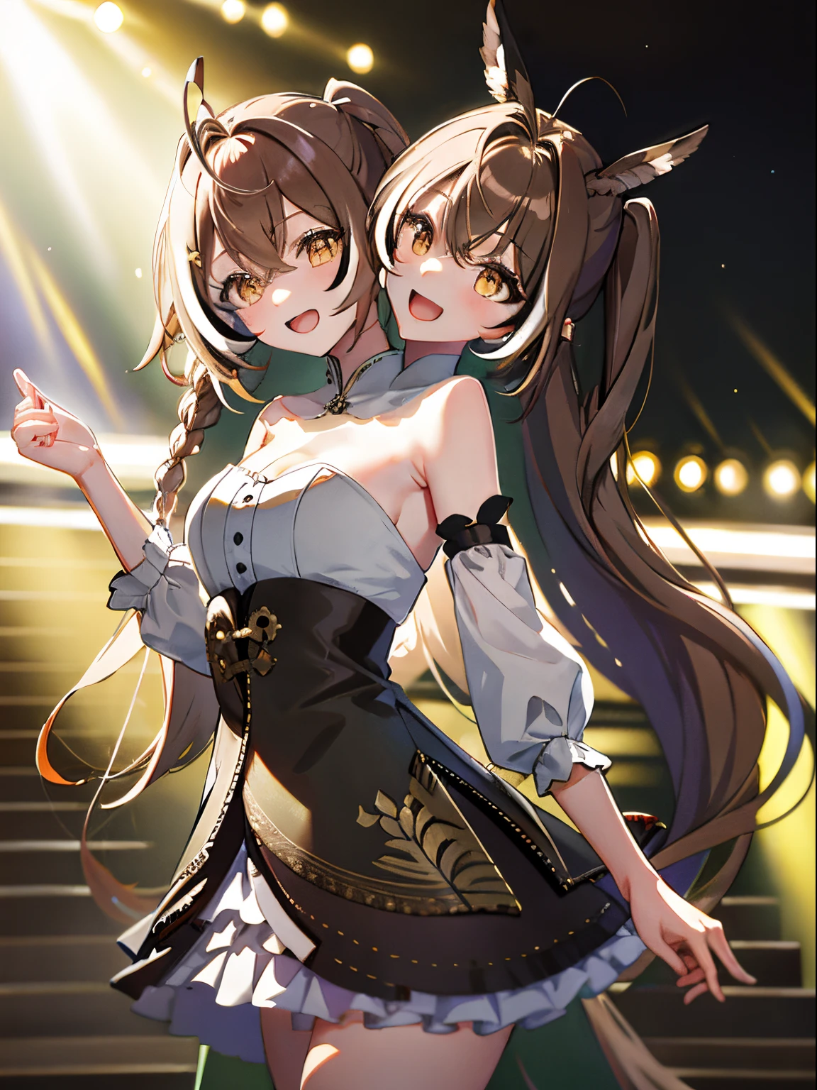 (masterpiece, best quality), best resolution, (2heads:1.5), 1girl,  nanashi mumei character, extremely long brown hair, extremely long ponytails braided together, hair between heads, hair reaching floor, brown eyes, different facial expressions, nanashi mumei, long hair, yellow eyes, open mouth, smile, happy, singing, dancing,detached sleeves, concert stage