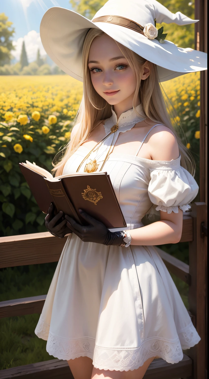 Beautiful Young Witch, The girl smiles sweetly, His face is illuminated by the bright rays of the sun, The girl is dressed in a white dress, witch's hat on the head, The perfect female face of the goddess, Деталь 8k, photo realistic style, sharp-focus, Professional lighting, colorful details, The painting is built according to the rule of the golden ratio, Around the garden of white roses, full-arm-gloves, Girl reading a huge ancient book