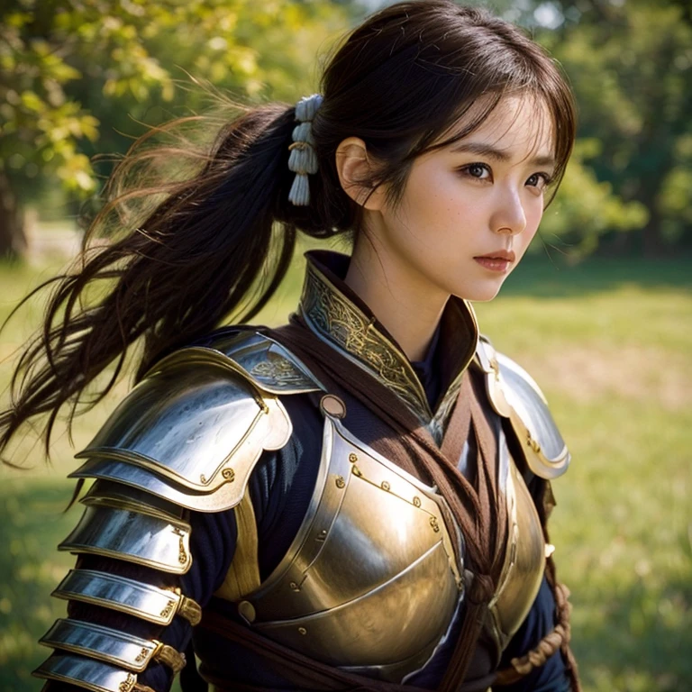 Photo Quality、Beautiful 35 year old Japan woman、Brown hair、Tied hair、Knight Armor、A warrior、plein air、