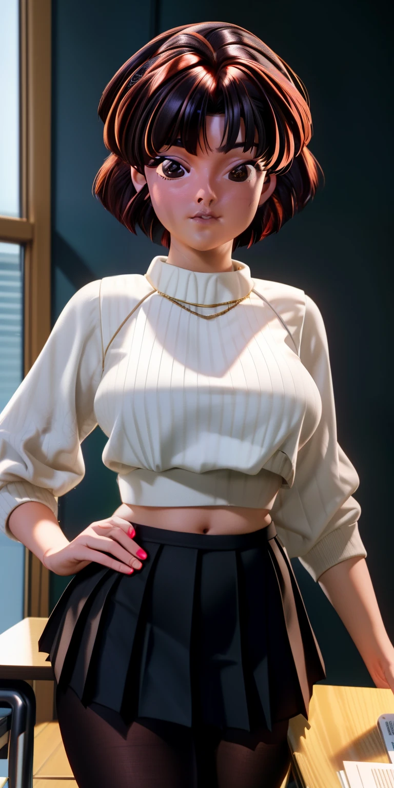 best quality, ultra high res, classroom, (photorealistic:1.4), 3dmm, 1girl, doe eyes, intimate, cropped sweater top, scarlet hair, glowing amber eyes, pleated skirt, pantyhose, (dark tan skin:1), (((detailed black eyes)))