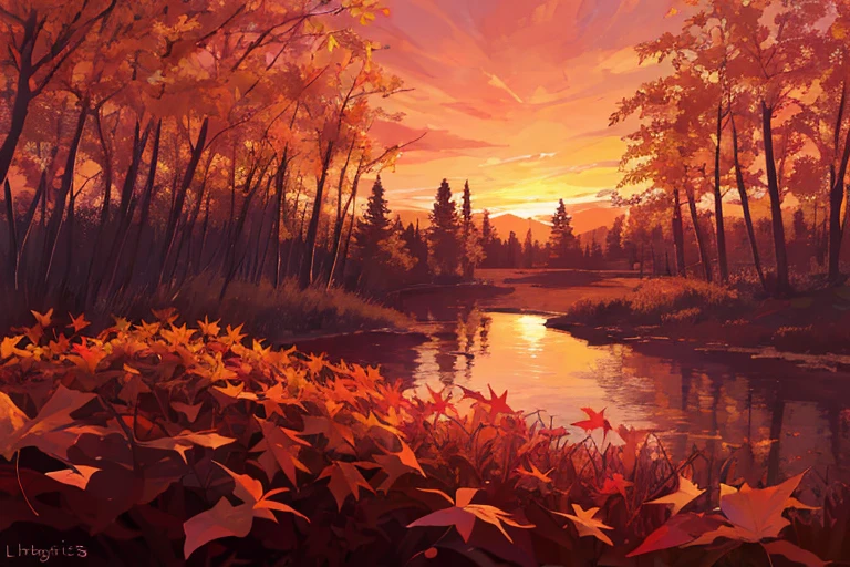 masterpiece,best quality,lycoris,flower field,depth of field,dusk,orange sky,sunset,glow,lake,autumn,maple,fallen leaves