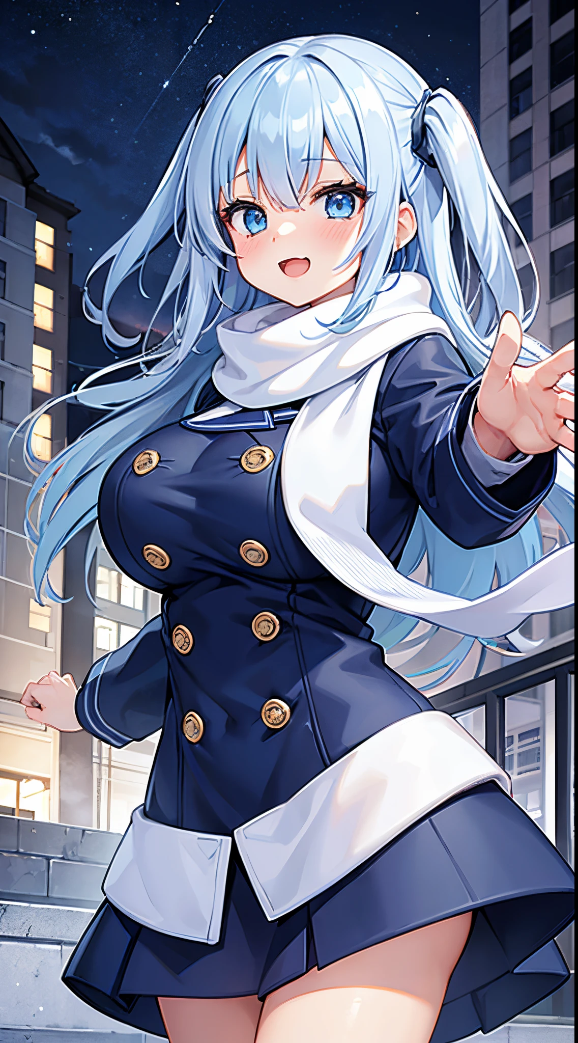 1 girl, game cg, blue winter coat, white winter scarf, gigantic breasts, light blue hair, middle hair, two side up, blue eyes, night city, reaching out, happiness,