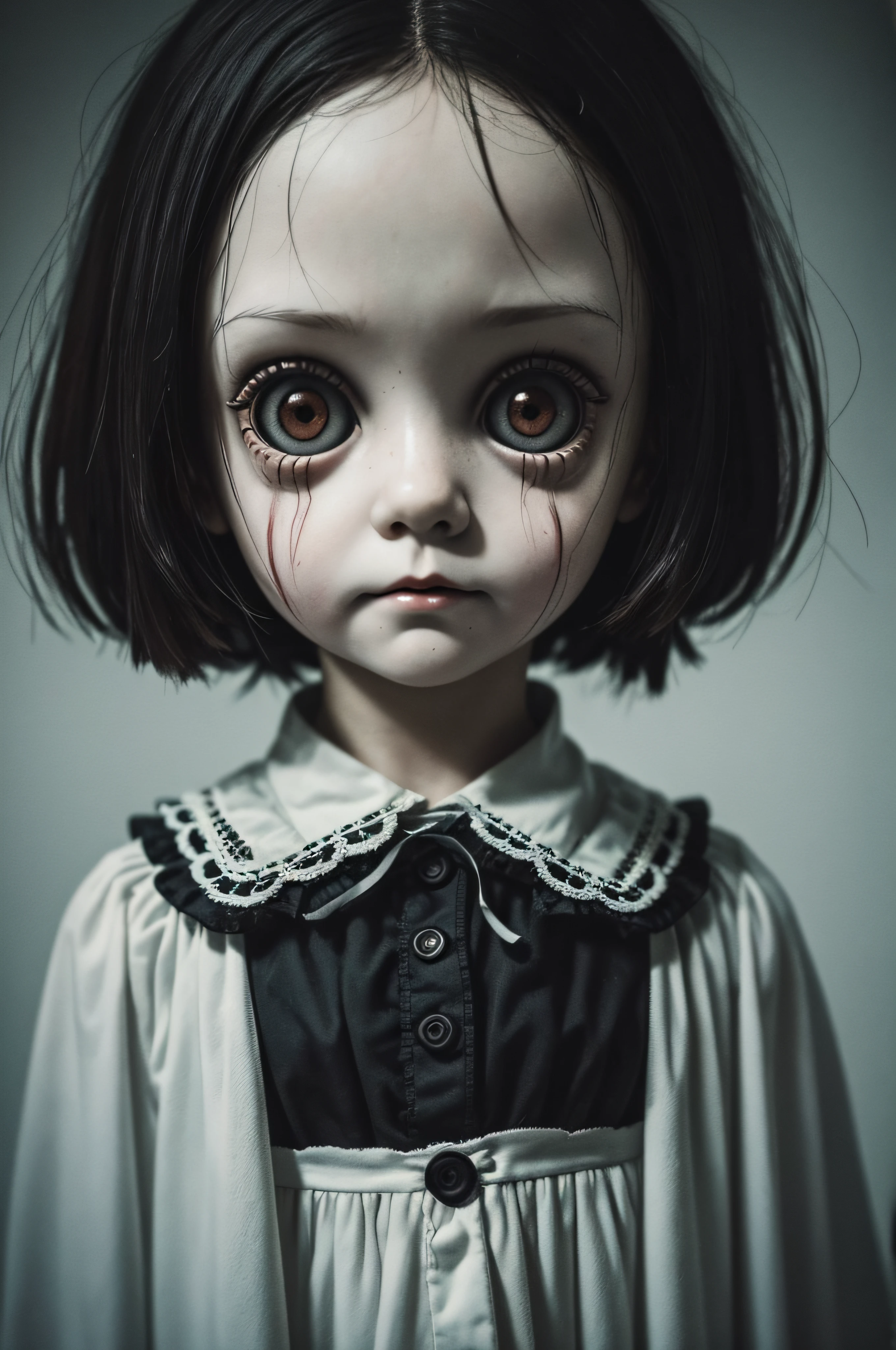 (best quality), (top quality), (dark), (whole body), (melancholy), (sadness), (agony), (terror), (horror), (black and white) ventriloquist's doll being controlled, dirty with blood.