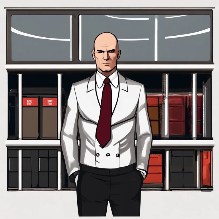 Agent 47 is bald. 47's typical attire consists of a black suit, black leather gloves and shoes, white dress shirt, and a burgundy tie.,Hitman series,Agent 47 is bald. 47's typical attire consists of a black suit, black leather gloves and shoes, white dress shirt, and a burgundy tie.,face,photo