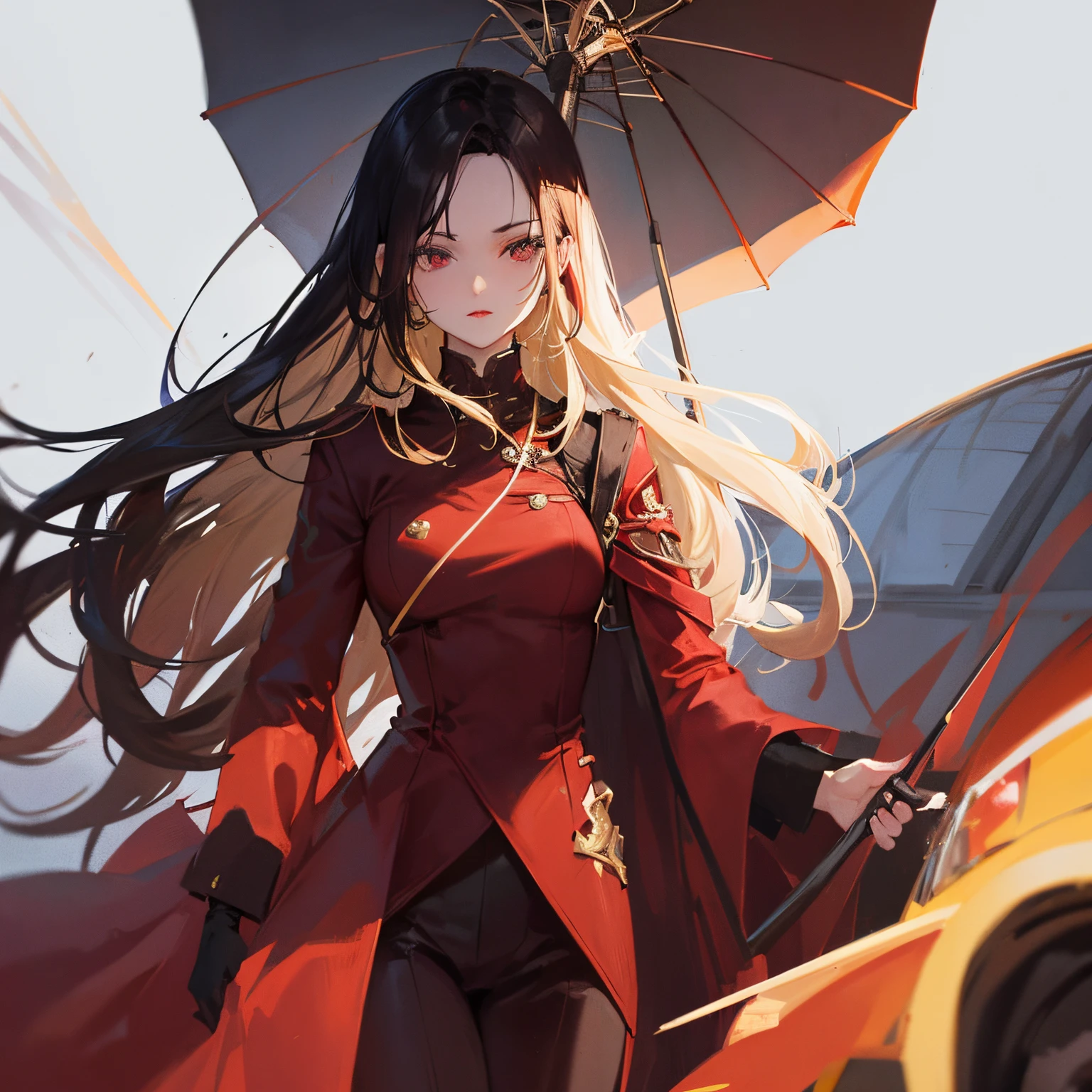 The woman. Shoulder length wavy black hair with blonde streaks in hair.. red suit. red lipstick. detailed suit.