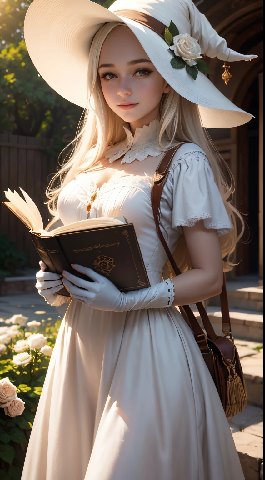 Beautiful Young Witch, The girl smiles sweetly, His face is illuminated by the bright rays of the sun, The girl is dressed in a white dress, witch&#39;s hat on the head, The perfect female face of the goddess, Деталь 8k, photo realistic style, sharp-focus, Professional lighting, colorful details, The painting is built according to the rule of the golden ratio, Around the garden of white roses, full-arm-gloves, Girl reading a huge ancient book