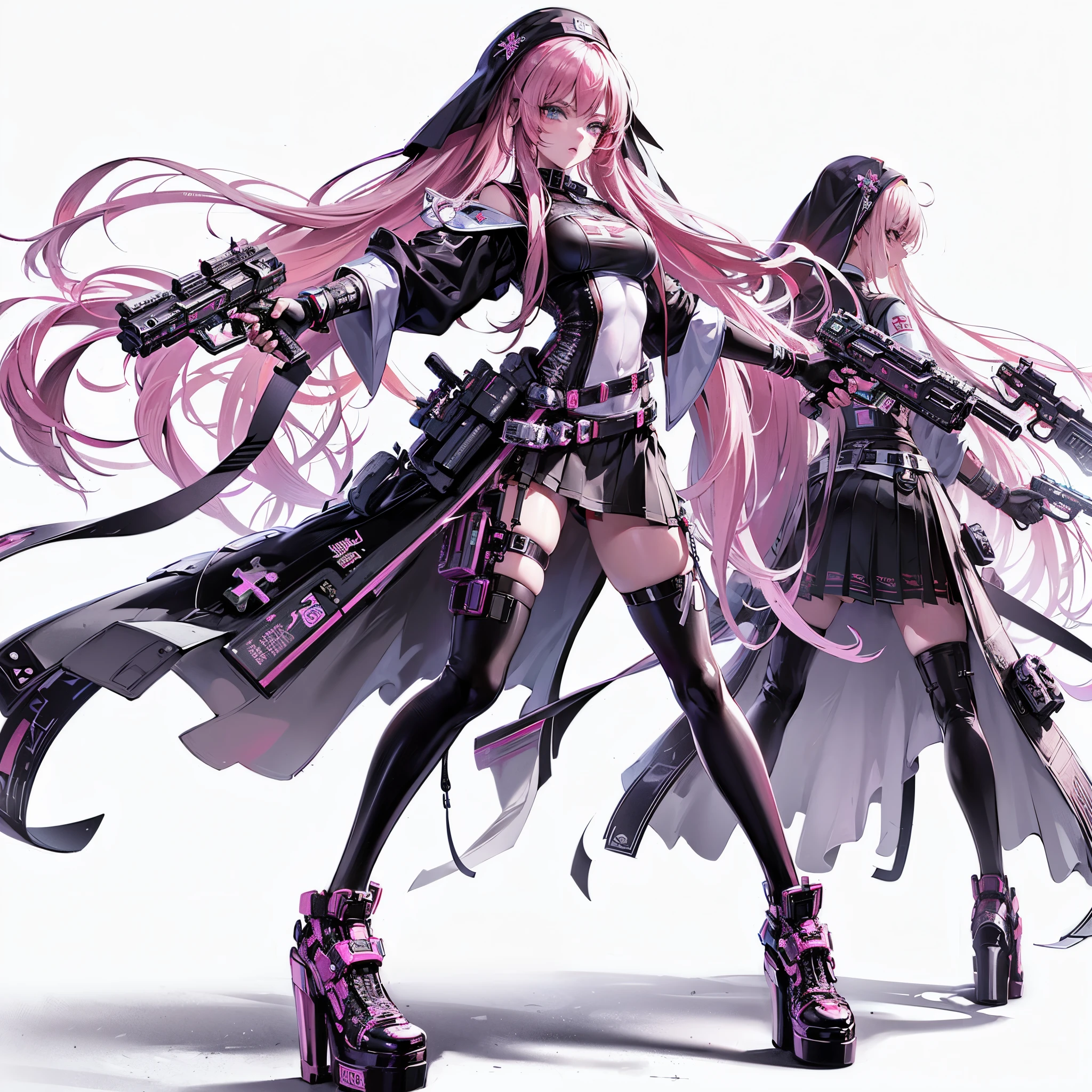 (masterpiece, Best Quality), (Perfect athlete body:1.2), (detailed hairs), Ultra-detailed, Anime style, Full body, Solo, Cyberpunk exorcist girl, pink-long hair, dressed in cyberpunk PVC nun's uniform, each holding a huge pistol in her hand, high-heeled boots, standing on wasteland, 8k high resolution, white background, ((whole body))standing still