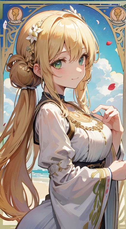 absurdres, best quality, fine detailed, 8k, tarot card style frame, Alphonse Mucha, art nouveau, art deco, 1girl, ancient Greek dress, chiton, flowers in hair, messy hair,  blond hair, green eyes, high pigtails, medium straight hair, cheerful, smile, garden, leaves, petals, Beautifully detailed eyes, beautiful shiny detailed hair, warm light, upper body