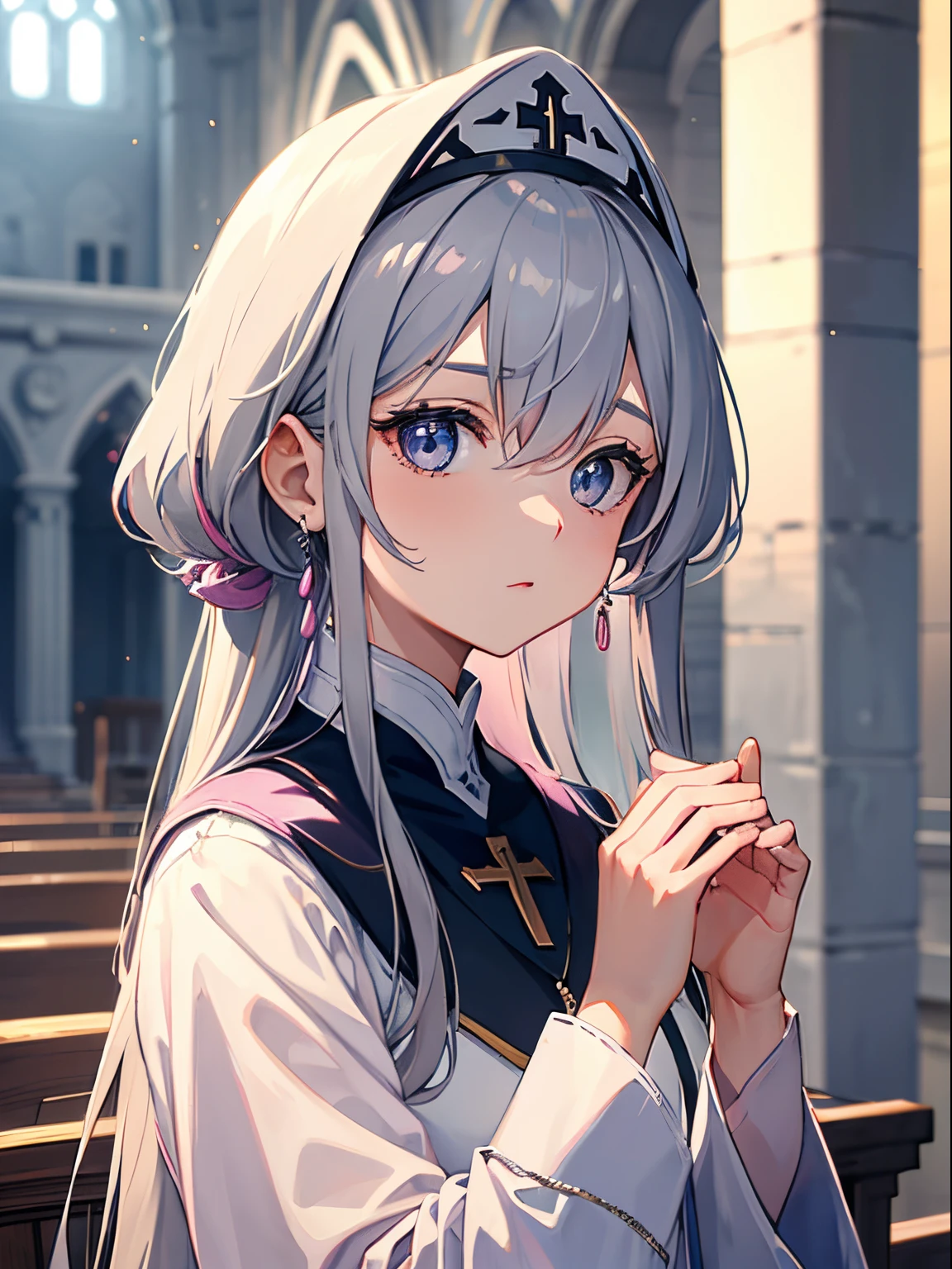 Female bishop in her 20s、Gray-haired semi-long、pink and light blue gradation eyes、Gentle expression、Holy Church、Illuminated by sunlight