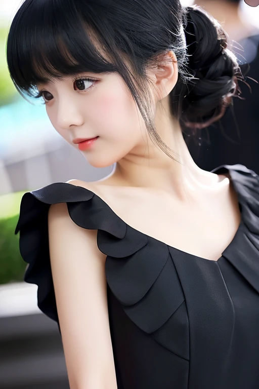 1girl in,huge-breasted, Black hair, High quality, ultra-detailliert, masutepiece, Realistic、Black dress、