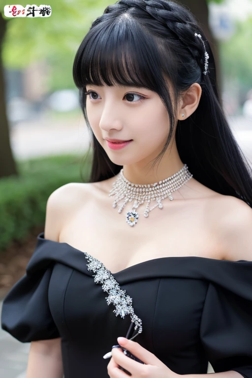 1girl in,huge-breasted, Black hair, High quality, ultra-detailliert, masutepiece, Realistic、Black dress、