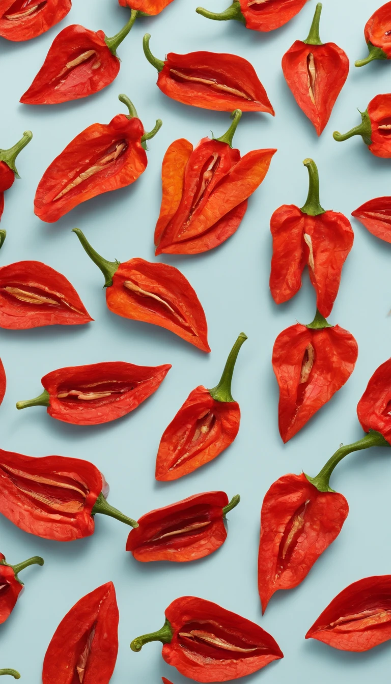 Chili pepper chopped、Arranged in the shape of a sunflower、Shot from a bird's eye view