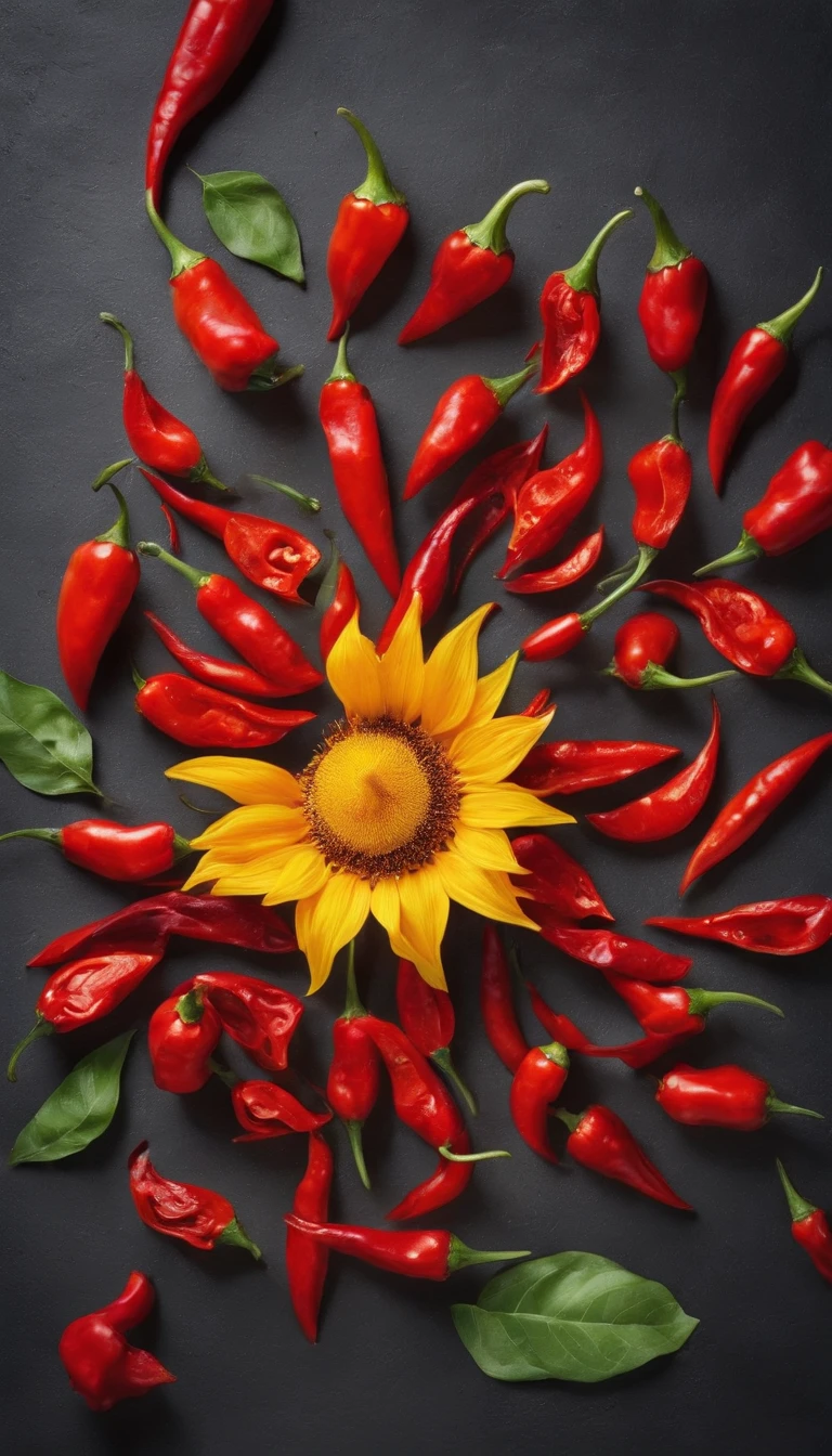 Chili pepper chopped、Arranged in the shape of a sunflower、Shot from a bird&#39;s eye view