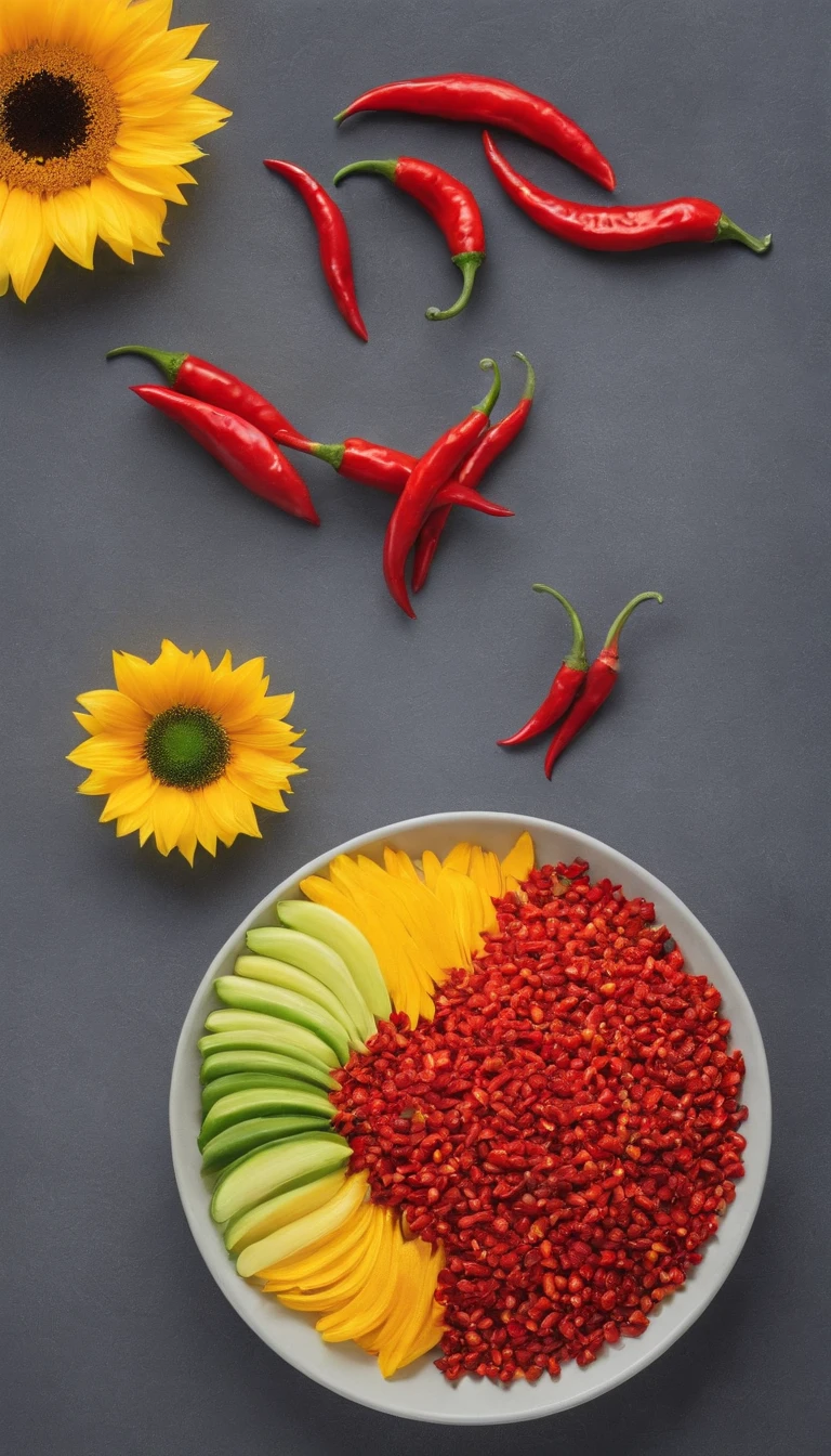 Chili pepper chopped、Arranged in the shape of a sunflower、Shot from a bird's eye view
