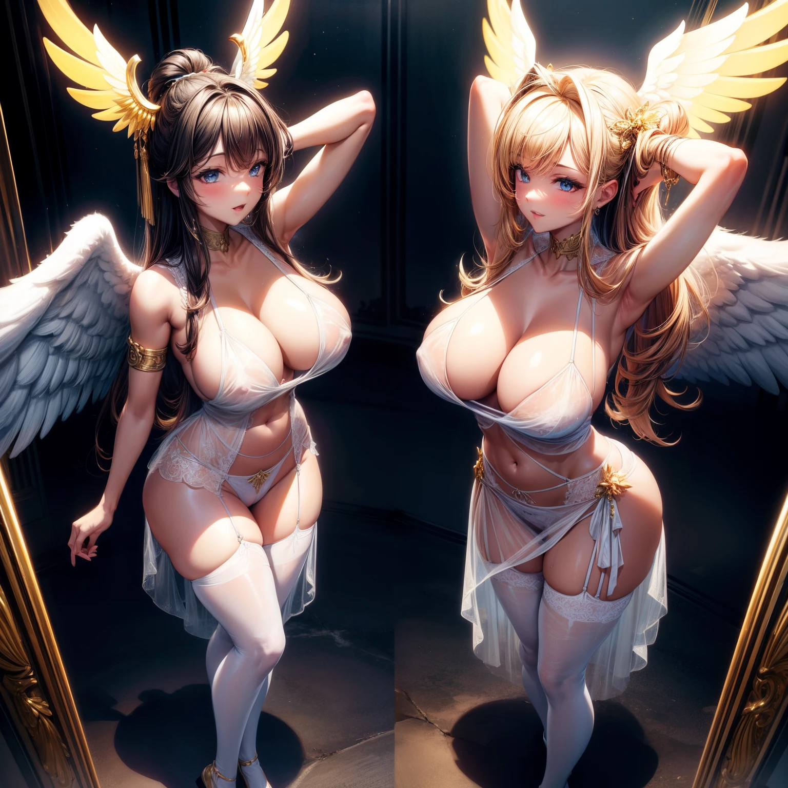 （8K ，hyper-detailing，ultra real photo，Best masterpiece，natural，Perfect artwork，Perfect female body），Two cute busty girls ，Hair color，（Big tits），Angelic，Sankta，obsessed，the angel's wings，The halo，Angel is coming，paradise company., Ltd.，Gorgeous accessories，Guanghui Technology Company，Beautiful Machinery Company，golden brilliance，Wearing a see-through sexy gauze skirt，Sexy transparent dress，ssee-through，Built-in thong，The cracks are relatively large，stretch the meat，Raised sexy，Flirtatious，obscene exposure ，Full body photo