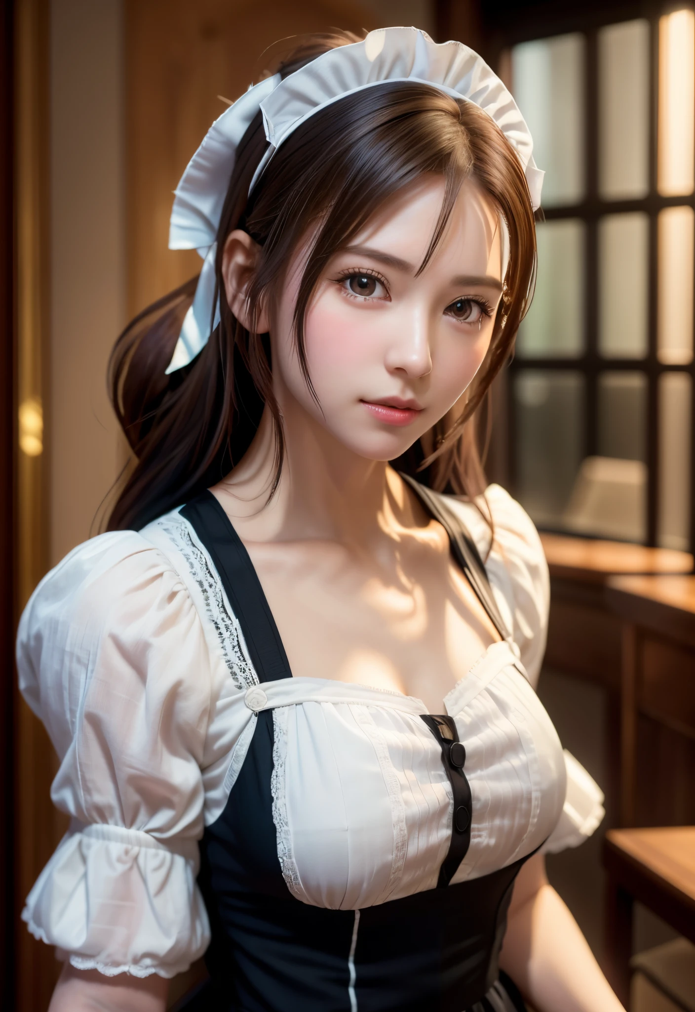 8K, of the highest quality, masutepiece:1.2), (Realistic, Photorealsitic:1.37), of the highest quality, masutepiece, Beautiful young woman, Pensive expression,、A charming、and an inviting look, Cute Maid Clothes, Hair tied back, Cinematic background, Light skin tone