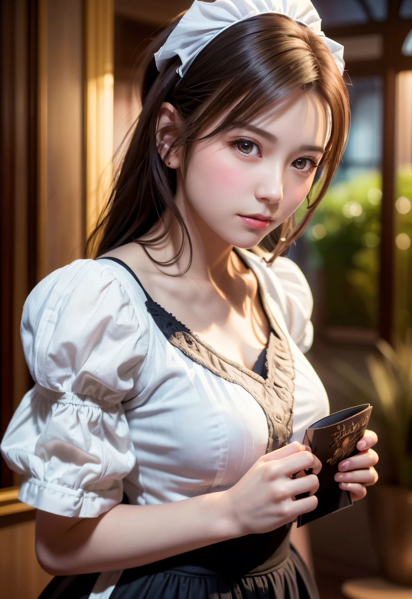 8K, of the highest quality, masutepiece:1.2), (Realistic, Photorealsitic:1.37), of the highest quality, masutepiece, Beautiful young woman, Pensive expression,、A charming、and an inviting look, Cute Maid Clothes, Hair tied back, Cinematic background, Light skin tone