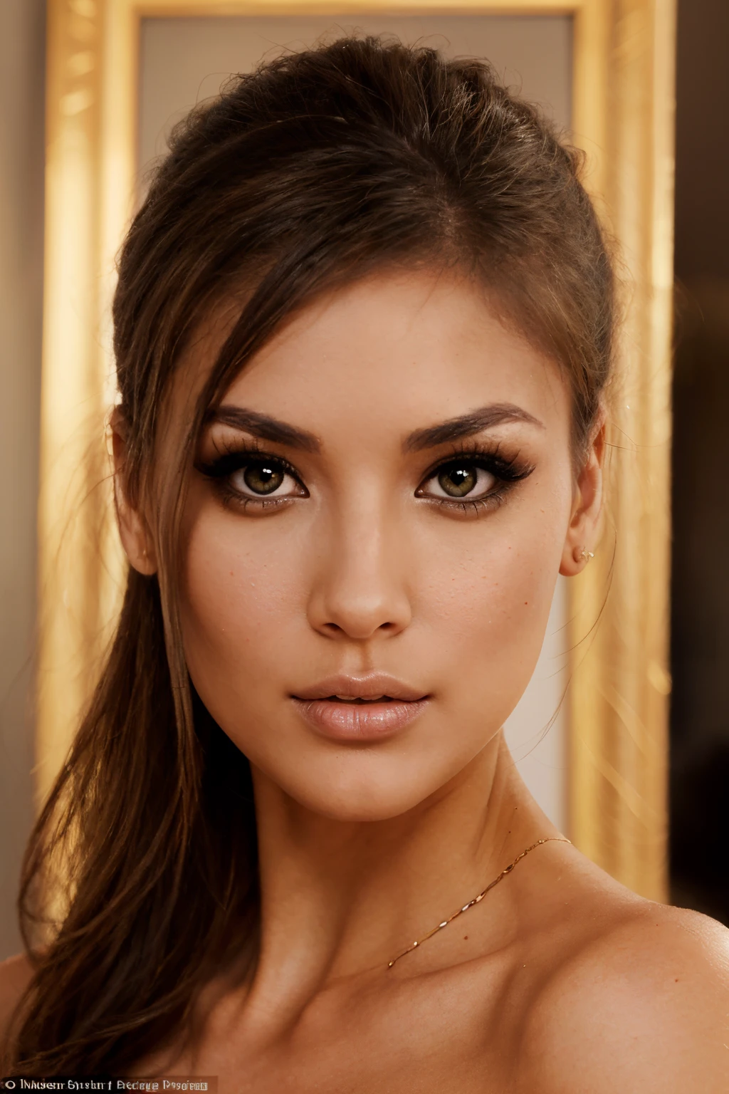 (brown eyes:1.1,woman) (Petite woman:1.1) with (black ponytailed hair) and (dark brown eyes:1.1). She has (dark make up) with (mascara) that accentuates her (long eyelashes). The woman stands confidently, exuding elegance and grace. Her (exquisite features) and (delicate facial structure) add to her captivating charm. The dark brown of her eyes adds depth and intensity to her gaze. The (subtle highlights) in her eyes catch the light, giving them a mesmerizing sparkle. The (perfectly shaped eyebrows) frame her expressive eyes, adding to the allure of her face. The woman's beauty is further enhanced by (soft and flawless skin). The (warm tones) of her complexion create a sense of warmth and radiance. She wears a confident and enigmatic (smile), highlighting her (beautiful lips). The portrait showcases the (best quality:1.2) and (ultra-detailed) craftsmanship. The (realistic:1.37) depiction of the woman's features and expressions adds depth and realism to the image. The artwork is created using traditional (oil painting) techniques, resulting in rich textures and vibrant colors. The (subtle brushstrokes) and (fine details) capture the essence of the woman's character and beauty. The overall (lighting) in the artwork is soft and warm, illuminating the woman's face and highlighting her features. The colors used in the painting are (rich and earthy), with hints of (warm browns) and (soft neutrals). The emphasis on the woman's (brown eyes) creates a focal point, drawing the viewer's attention and conveying a sense of intimacy. As a (masterpiece:1.2) of art, this portrait captures the essence and allure of the woman with (exquisite brown eyes).