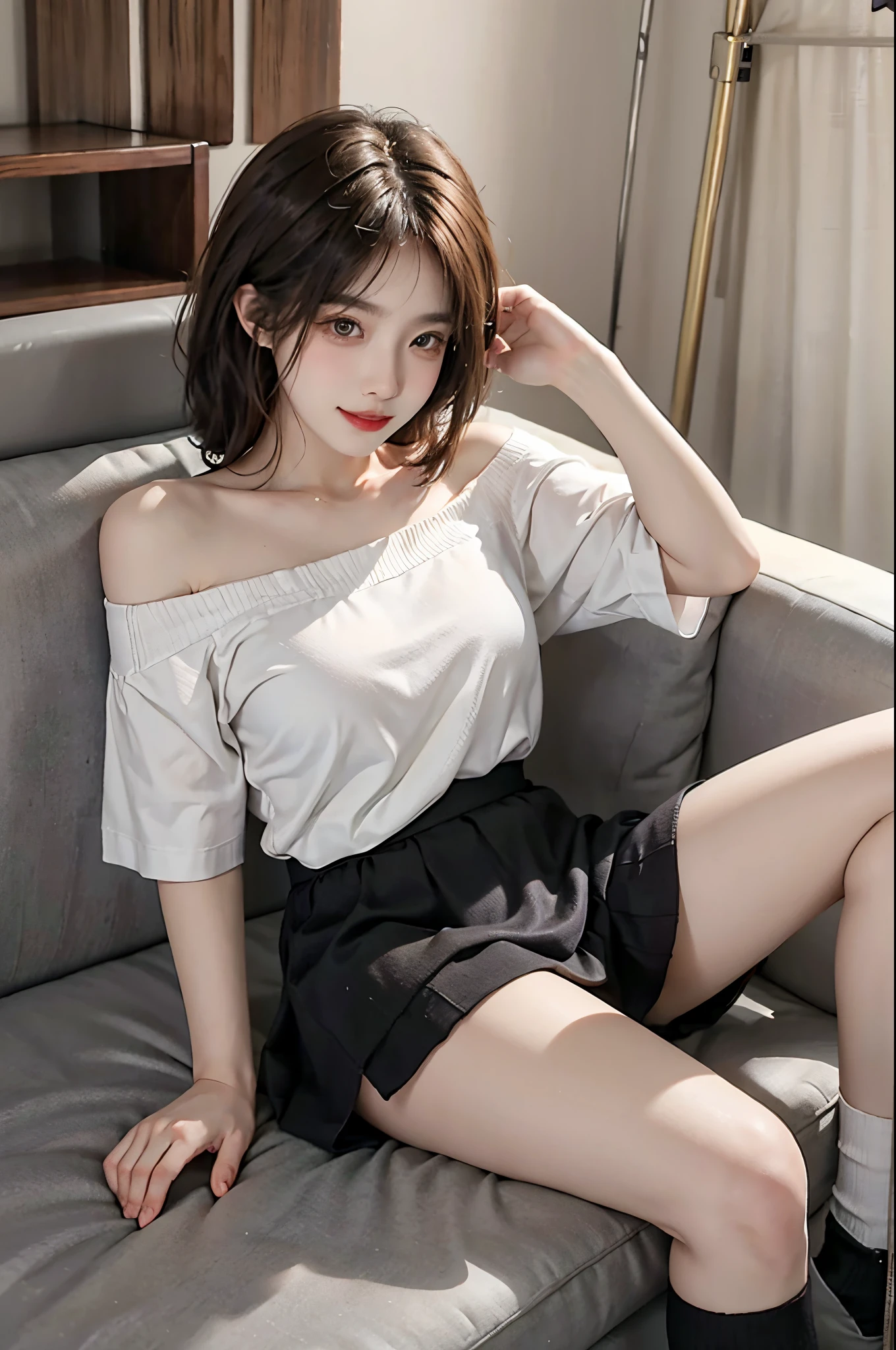 ((Best picture quality, 8K, tmasterpiece:1.3)), 1girll, Beautiful woman with slender abs:1.3, Casual hairstyle, an off-the-shoulder top,pleatedskirt,(wet see through clothes:1.4),Ultra-fine face, A detailed eye, 二重まぶた,(long leges:1.4),(athletic sneakers:1.3),Sofa sitting position