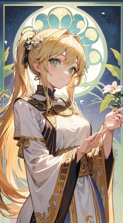 Anime illustration、1 girl、long hair、blonde、Flowers in hair、Brown eyes、Long black eyelashes、Stars on the eyes、Sparkling、Cute 13 year old、Small breasts、Short sleeve flared skirt、The background is a flower field、A kitten plays on a flower stem、Arm2Book、足2Book、Draw with precision、Fingers too5Bookづつ描く、Holding a bouquet with a long stem、The axis rotates in a circle.、Kitten paws2Book、hand2Book、The tail grows out of the butt、Long and fluffy、No matter the season、Alphonse、Finishing with the colors of Mucha's works、Famous illustrators create Art Nouveau works、