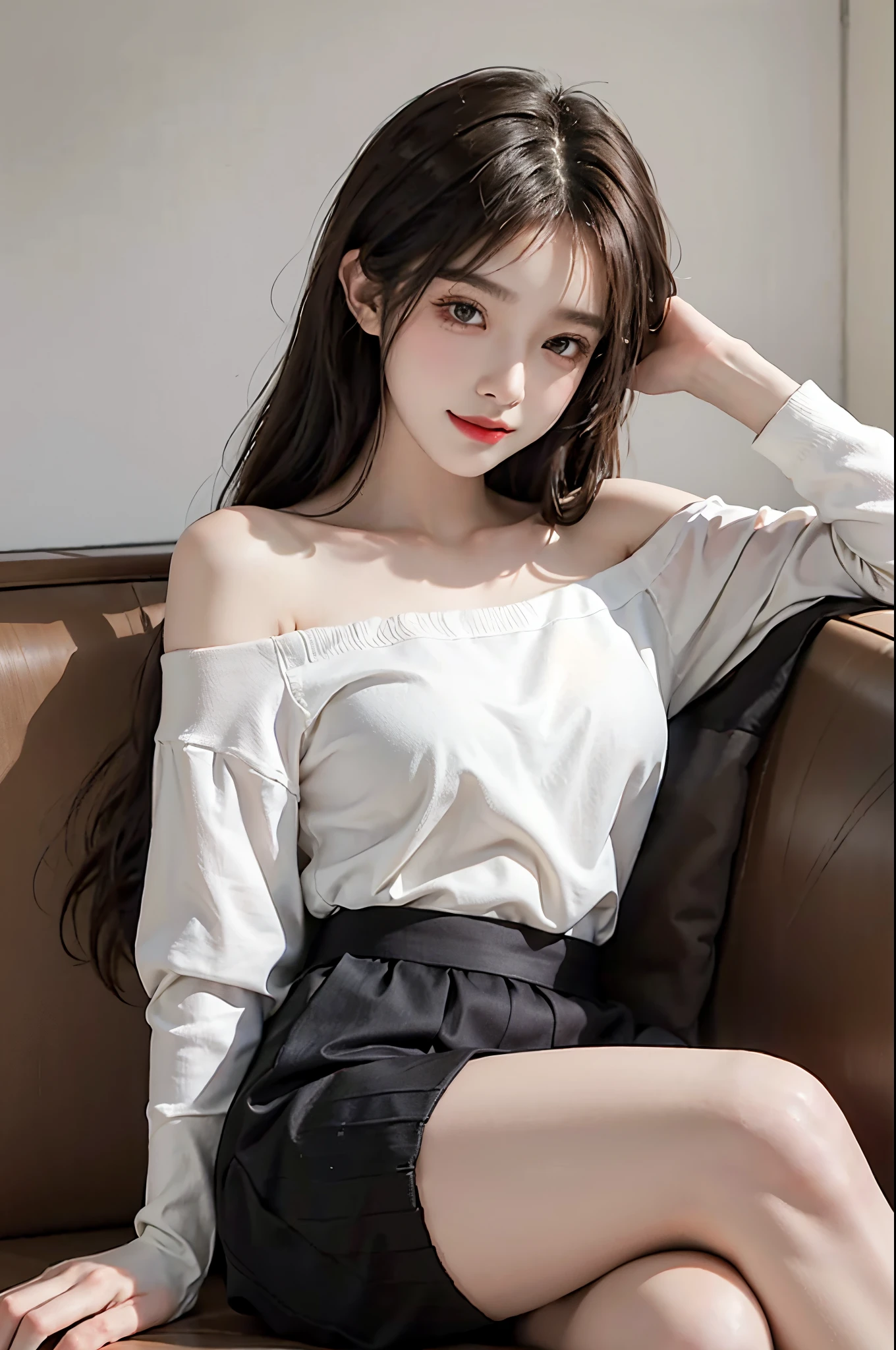 1 girl, 20 years old, reclining on a posh sofa, wearing an oversized t-shirt, t-shirt hanging off one shoulder, reading a book, asymmetrical hair, bangs, over-rim eyewear, light smile, cinematic lighting, film grain, wide shot, UHD, textured skin, anatomically correct, 8k