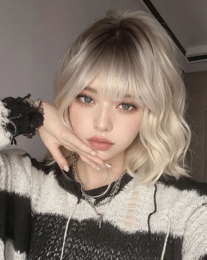 A blonde-haired girl in a black and white striped sweater posing for a photo., flequillo blanco, cabello whitebangs cabello, cabello rubio y plateado, cabello rizado plateado, Cabello rubio corto con flequillo, Chica Cabello Plateado, chica de cabello plateado, Lalisa Manobal, ash grayish blonde hair, flequillo rizado, cabello blanco ondulado desordenado, con flequillo completo, Cabello blanco rizado