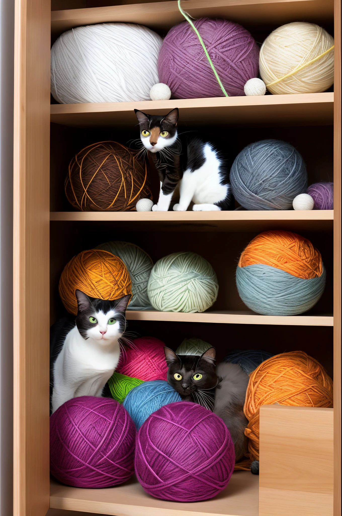 There is a cat crowded with yarn balls in the cupboard