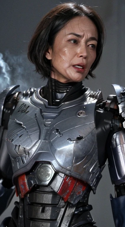 ((Two middle-aged women))Textured skin, Super Detail, high details, High quality, Best Quality, hight resolution, 1080p, , (lying back on)Beautiful,(War Machine),beautiful cyborg woman,Mecha Cyborg Girl,(bleed)((heavily damaged armor)),A woman with a feminine mechanical body、(Fulll body Shot)、、Very sweaty face、groggy expression、laying on back、Turn your face at an angle、Opening Mouth((put out the tongue)、Smoke comes from the whole body((Deep cracks in the armor of the whole body))(short-haired　Opening legs　The  is visible　((severe damage to the whole body,,,,,,,,,,,,,))(she has scars、Full Bocco