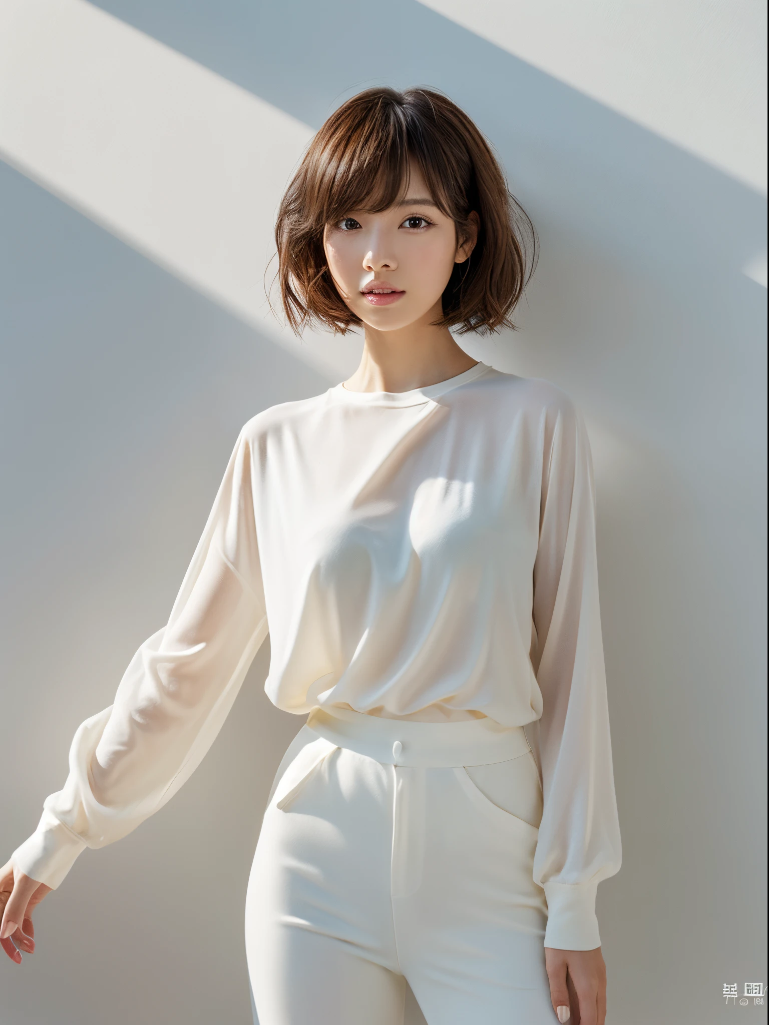 ((masterpiece,top-quality)), (photographrealistic:1.4),((masutepiece,8K)),hight resolution,Studio Soft Light, Rim Lights, vibrant detail, realistic skin textures,Japanese, 1 beautiful woman, short Hair, wave hair, faint thin bangs, make - up, 38 years old, Detailed skin, long-sleeve tunic blouse, wide-leg pants, Standing, White background, White Room,white walls, fully body photo, looking at viewer