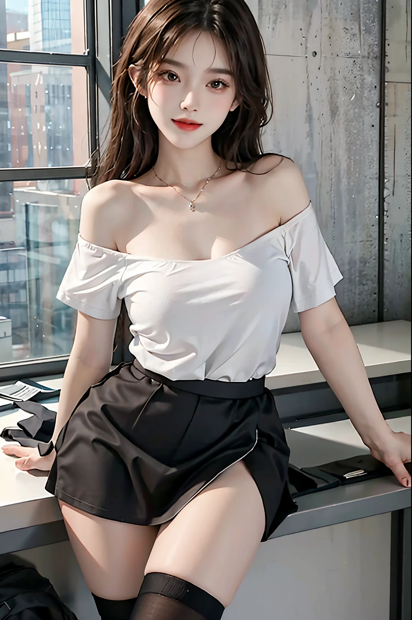 20-year-old sexy model, mix4, White one shoulder off shoulder shirt, A plump chest, black short skirt, black long socks, slender leg, In the office, standing on your feet, leaning on a table, best qualtiy, 超高分辨率, lighting perfect, ssmile