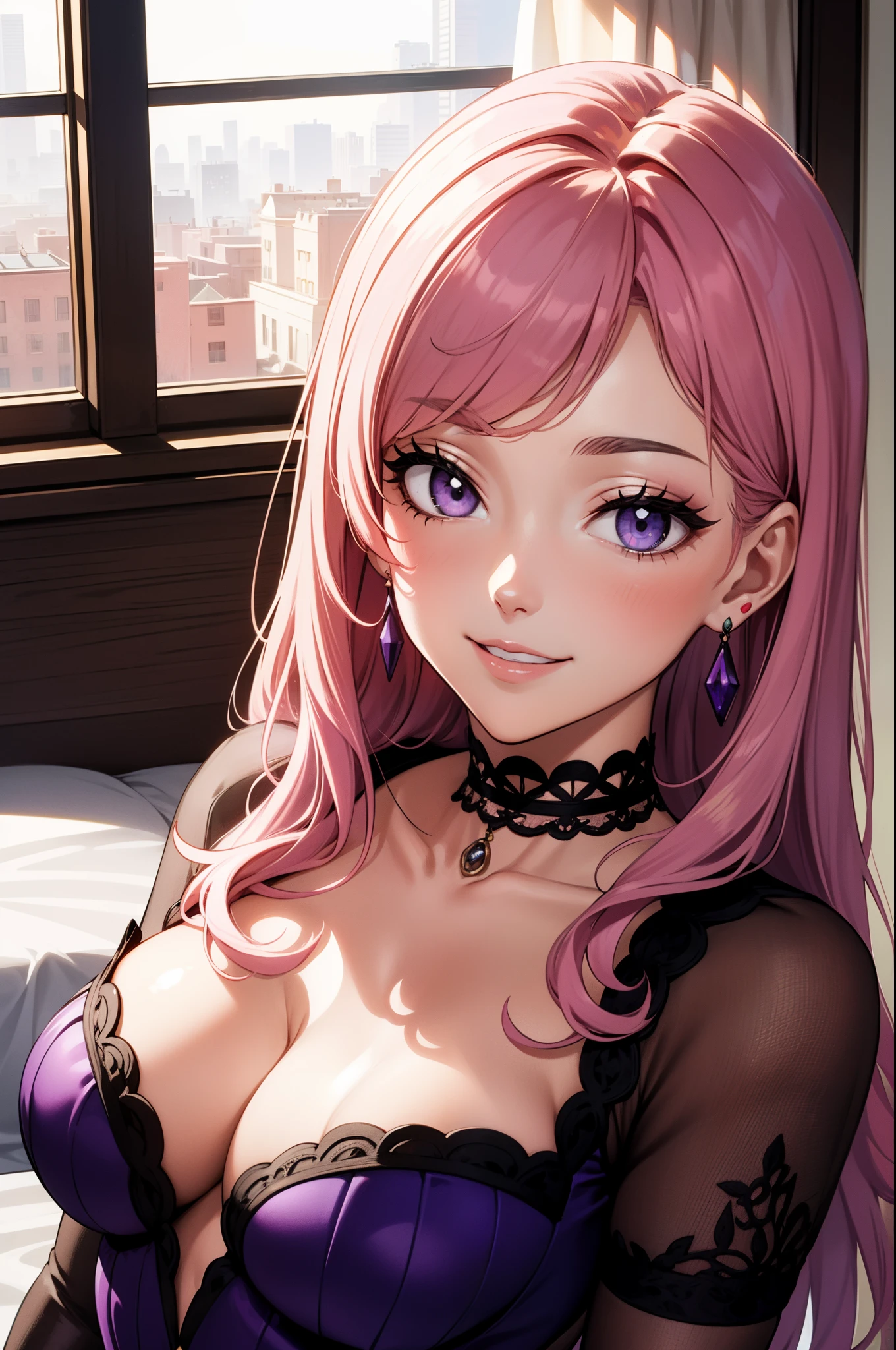 masutepiece, ((hyper detailed background, Delicate pattern, intricate detailes)), (Highly detailed, Fine details), Best Quality, ((medium breasts, Slim Girl, close-up, Portrait)), ((intricate detailed background, Inside, Bedroom, bed, Classy interior design, window)), Vanessa V2, 1girl in, Long hair, Solo, Pink hair, earrings, Purple eyes, Smile, (Purple Dress, gloves), Choker,