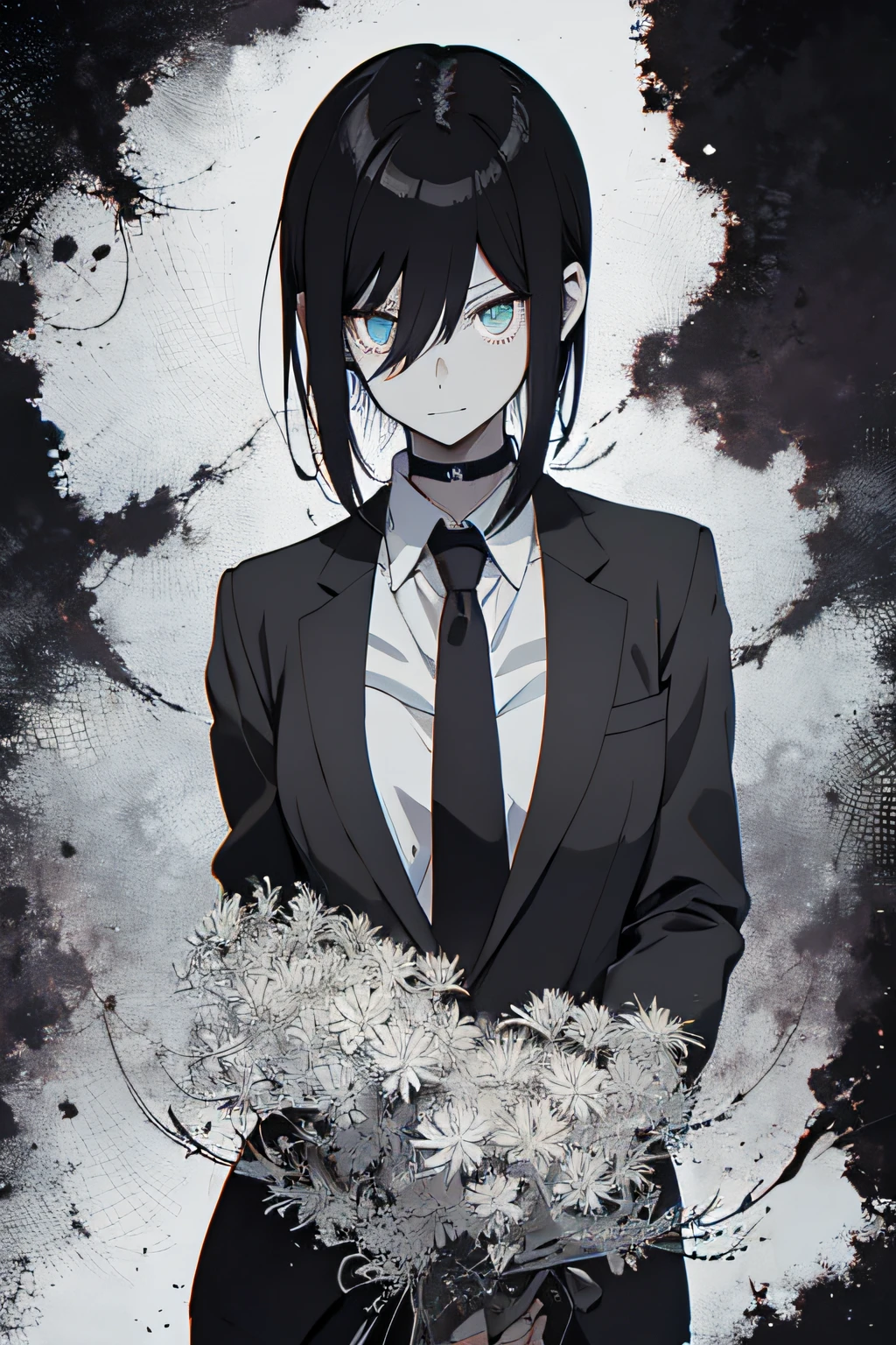 reze from chainsaw man, manga lineart, black and white ink color artstyle, wearing black suit white shirt underneath, black neck tie, short hair dark purple hair near neck, black choker, long strand streak of hair in front of bangs. pretty green eyes, sweet kind and innocent looking eyes, slight smile, anime girl, cute, holding red spider lily flowers, no hands and fingers