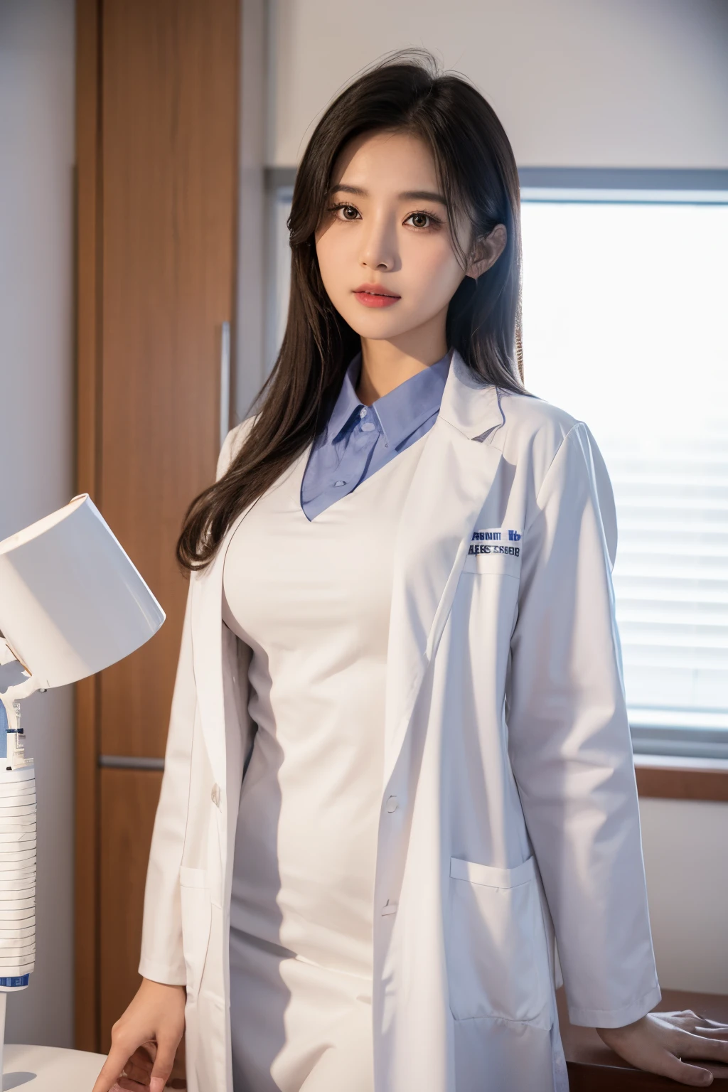 Best Quality, Photorealistic, 8k, High Definition, 1 Girl, Female, (Medium breasts: 1.8), Hospital, Hospital Teacher, Doctor Woman, Lab coat, No panties, Skirt up, ((Sit at desk and legs wide open)), Knees bent and legs open, Slightly shorter hairstyle, Stockings, Diagonal angle, Unbuttoned shirt